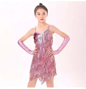 Pink gold silver red sequins fringe latin dance dresses for girls kidsmodern dance latin salsa rumba jazz dance glitter skirts for kids